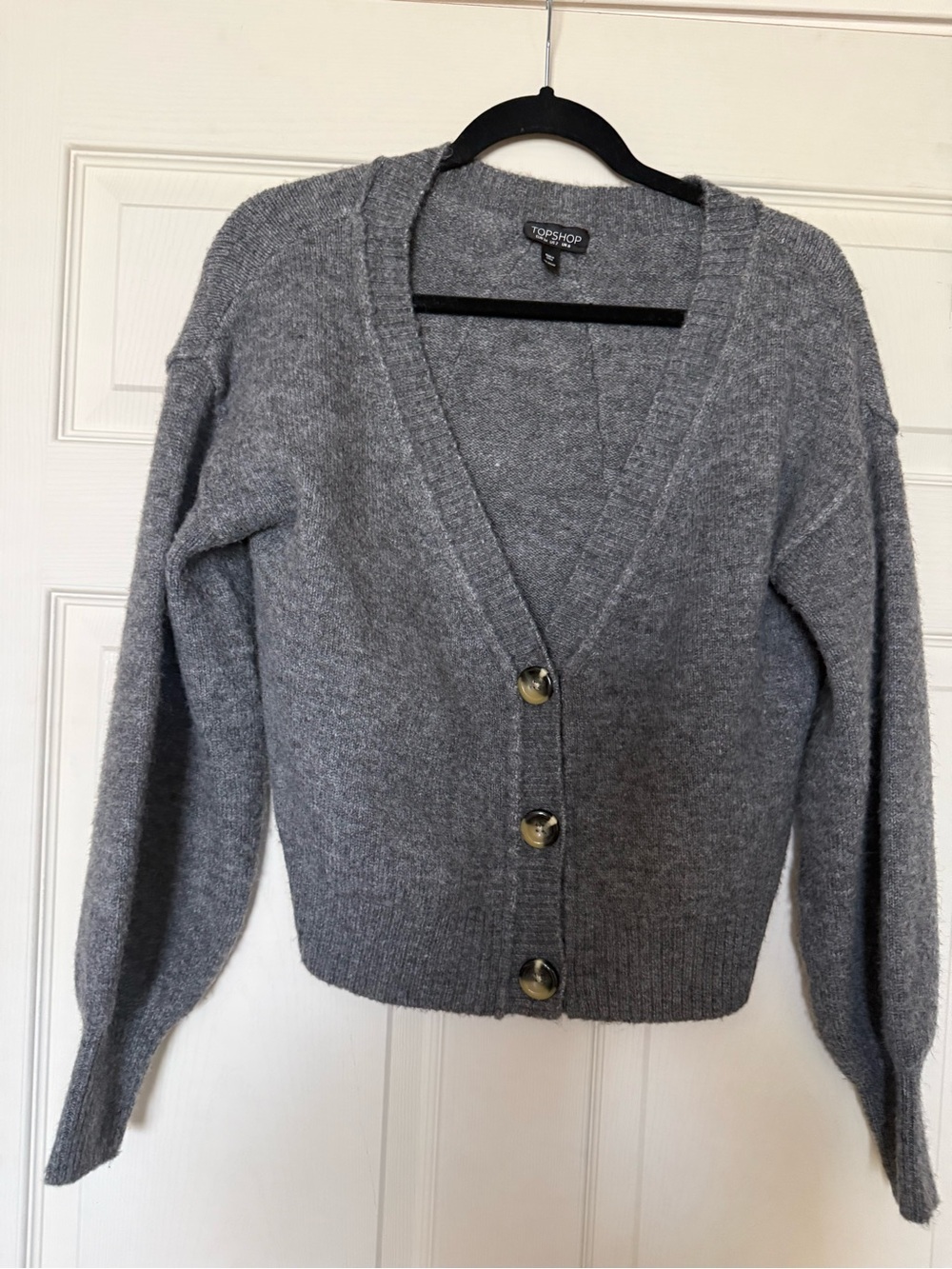 Topshop Heather Gray V-Neck Button Front Cardigan with bubble sleeves